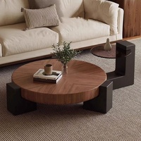 Table basse ronde en bois massif avec pieds noirs en bloc, table d'appoint en verre trempé, design sculptural, profil bas, vente en gros