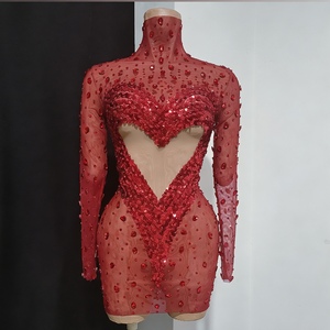 Vestido Mini Rojo de Mujer con Pedrería en Forma de Corazón, Malla Transparente, Cuello Alto, Manga Larga, Vestido de Fiesta, Vestidos de Noche, Moda - Product Image 4