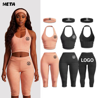 Ensemble deux pièces décontracté d'été pour femme : haut rayé à col halter et pantalon capri double couche, coupe très extensible et confortable
