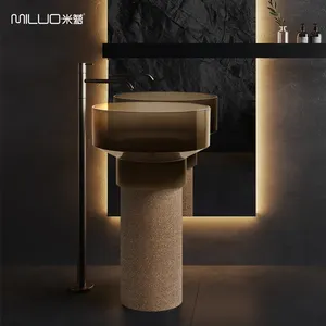 Modern Clear Transparent Resin Stone Basin Free Standing Pedestal Sink For Hotel And Home Bathroom Polished Shampoo Sink