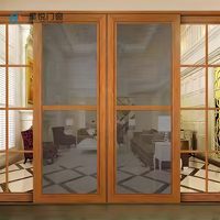 Porte coulissante en aluminium à cadre imitation bois avec grille en verre, porte en alliage d'aluminium à rupture de pont thermique pour villa, salon, bureau