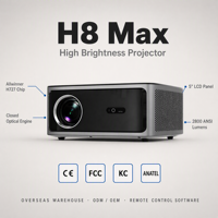 Projecteur vidéo intelligent H8 MAX avec écran LCD 5'' 1080P natif, moteur fermé, 2800 ANSI lumens, Android 14 pour le jeu et les réunions