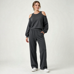 LEDUO Custom <b>Women</b> Set Long Sleeve Cropped Top Elastic Waist Wide Leg <b>Trousers</b> Ladies Casual Clothes - Product Image 3
