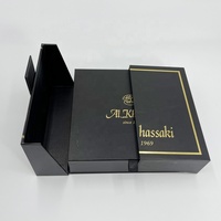 Kotak hadiah pintu ganda, kotak parfum kertas hitam mewah, kemasan kotak coklat mewah dengan pita