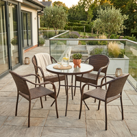 Ensemble de salle à manger bistro en osier 5 pièces, table ronde en verre, 4 fauteuils en rotin résistants aux intempéries, mobilier de balcon extérieur