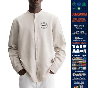 Commercio all'ingrosso personalizzato Logo lino sottile ampia a maniche lunghe bianco tinta unita fresco <span class=keywords><strong>abbigliamento</strong></span> estivo camicia di lino da <span class=keywords><strong>uomo</strong></span> - Product Image 1