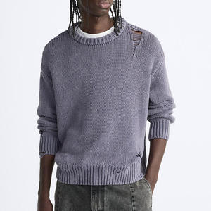Suéteres lavados OEM y ODM con logotipo personalizado para hombre, Jersey de punto suelto rasgado, suéter de diseñador de algodón con cuello redondo para hombre - Product Image 1