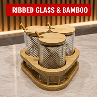Juego de 3 tarros de especias de vidrio acanalado con tapa de bambú y soporte, contenedor hermético para condimentos con ranura para cuchara, para cocina y barra de té