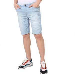 Shorts Bermuda en jean délavé bleu clair pour homme, taille mi-haute, fermeture boutonnée, style décontracté, 100 % coton, tissu respirant - Product Image 1