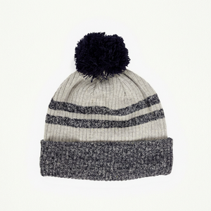 SPLENDID APPAREL Unisex Adults Knitted <b>Beanie</b> Hat 100% Acrylic Striped Ribbed Design Gray <b>Navy</b> Pom Pom Casual Winter Warm Hat - Product Image 1
