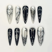 Lot de 10 faux ongles amovibles en ABS, motif floral 3D, style français, faits à la main, longs, forme Stiletto, à presser