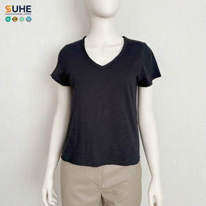 SUHE Custom All Seasons <b>White</b> 100% Cotton Washed V-Neck Loose Fit Short Sleeve Embroidery Casual Women's T-Shirt Anti-Shrink - Product Image 6