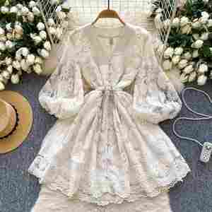 Vestido Midi Casual de Primavera con Cuello en V, Manga Farol y Bordado de Encaje para Mujer - Product Image 2