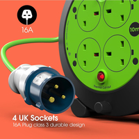 Cable de Extensión para Camping de 5/10/15 Metros, 4 Tomas de Corriente de 13A con Enchufe Británico (BS), Enrollador de Cable con Enchufe CEE y Protección Térmica