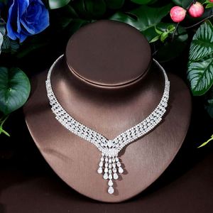 Precioso collar de pendientes de gota de agua nupcial de Zirconia cúbica blanca, conjuntos de 4 Uds para mujer, joyería de compromiso de boda - Product Image 4