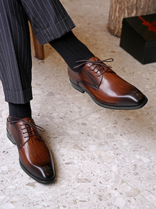 Chaussures pour hommes, tendance vintage, bout carré, lacets, cuir PU, antidérapantes, motif grain de bois, pour le bureau et la carrière - Product Image 1
