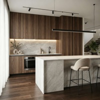 Meuble de cuisine moderne en placage de noyer sans poignées, îlot de cuisine en marbre mosaïque, comptoir de bar pour villa, cuisine ouverte