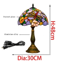 Lampe de table artistique en verre teinté de style européen, motif libellule bleue et lotus, 12 pouces, rétro, pour bar, salle à manger, chambre à coucher, lampe de chevet