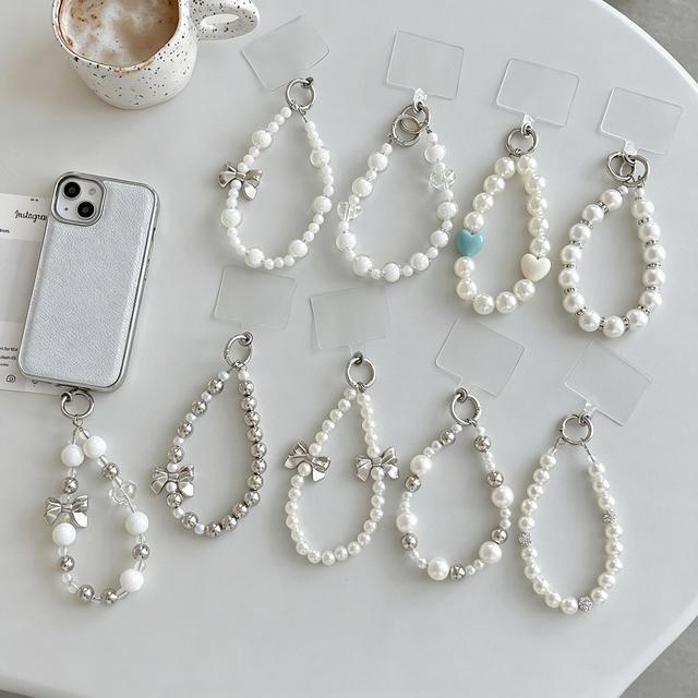 Cute Handmade Luxury Pearl Mobile Phone Lanyard Wrist Strap Lady Hand-held Chain Short Anti-lost Cell Phone Cute Key Pendant