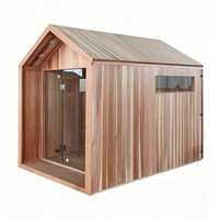 Sauna extérieur en bois naturel pour 4 à 6 personnes, style minimaliste avec toit pointu, idéal pour la détente dans la cour.