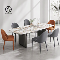 Ensemble de table à manger rectangulaire de luxe contemporain en marbre et ardoise pour 6 personnes, base semi-cylindrique en acier inoxydable pour hôtel, villa