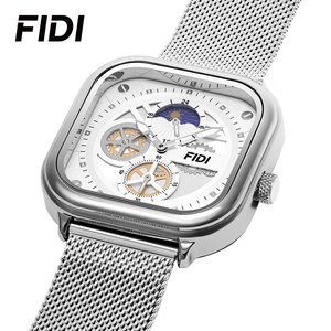 นาฬิกาข้อมือผู้ชาย FIDI ทรงสี่เหลี่ยม หน้าปัดเปลือย สายตาข่ายสีดำเงิน ระบบควอตซ์ แสดงข้างขึ้นข้างแรม ดีไซน์ลำลอง ธุรกิจ หรูหรา แฟชั่น - Product Image 5