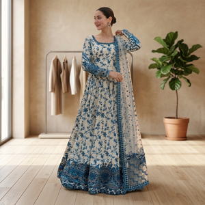 Vestido Maxi Faiza Saqlain Hecho a Mano con Estampado Floral, Cuello Cuadrado, Organza Bordada, Estilo Elegante, Silueta en A, Corte Imperio - Product Image 3