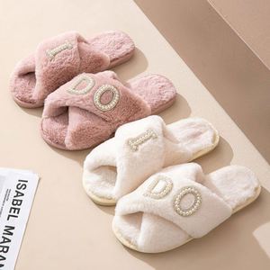 Soft Plush Faux Fur Warm Thick Comfortable Pearl Embroidery Wedding Home Indoor Ladies <b>Slippers</b> - Product Image 5