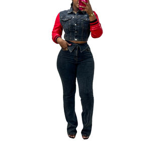 High Quality New PU Denim Splicing Stretch <b>Pants</b> Set for Women Fashion - Product Image 3