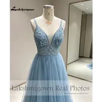 Robe de mariée Lakshmigown bleu poudré style bohème à bretelles spaghetti, coupe trapèze, longueur ras du sol, avec traîne courte pour femme