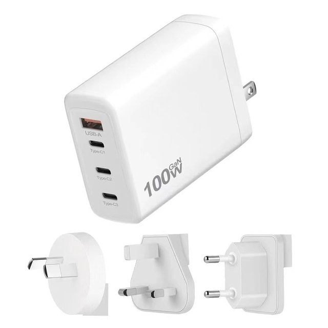 100W 4-Port (3 Type-C + 1 USB-A) Laptop Charger Adapter GaN PD Technology Universal Plug Replacement for US/EU/UK/KR/AU Charger