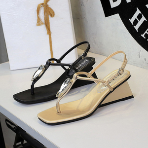 Sandales compensées géométriques chic pour femme, décorées de cristaux, à lanières, bout carré, sexy, pour soirée, chaussures d'été - Product Image 1