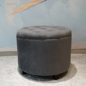 Disesuaikan Beludru Bentuk Bulat Kaki Kursi Ottoman Pouf dengan Kaki Kayu Footstool Furnitur untuk Ruang Tamu Kamar