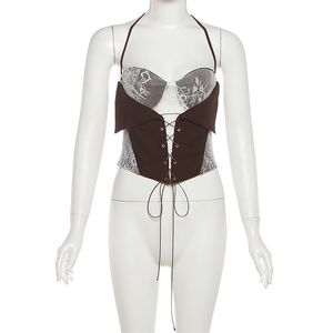 Conjunto de 2 piezas para mujer: Top halter con encaje, patchwork, tiras y fruncido hueco, y falda irregular, ideal para fiestas. - Product Image 4