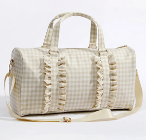 全新设计师大容量带隔层格子可折叠女式棉褶边行李袋 - Product Image 3