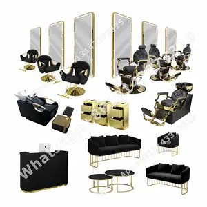 2021 6 Seats Barber Styling Station Gold Black Furniture Set For Hair Salon Shop Custom Desk Bowl Mirror Waiting Sofa Package