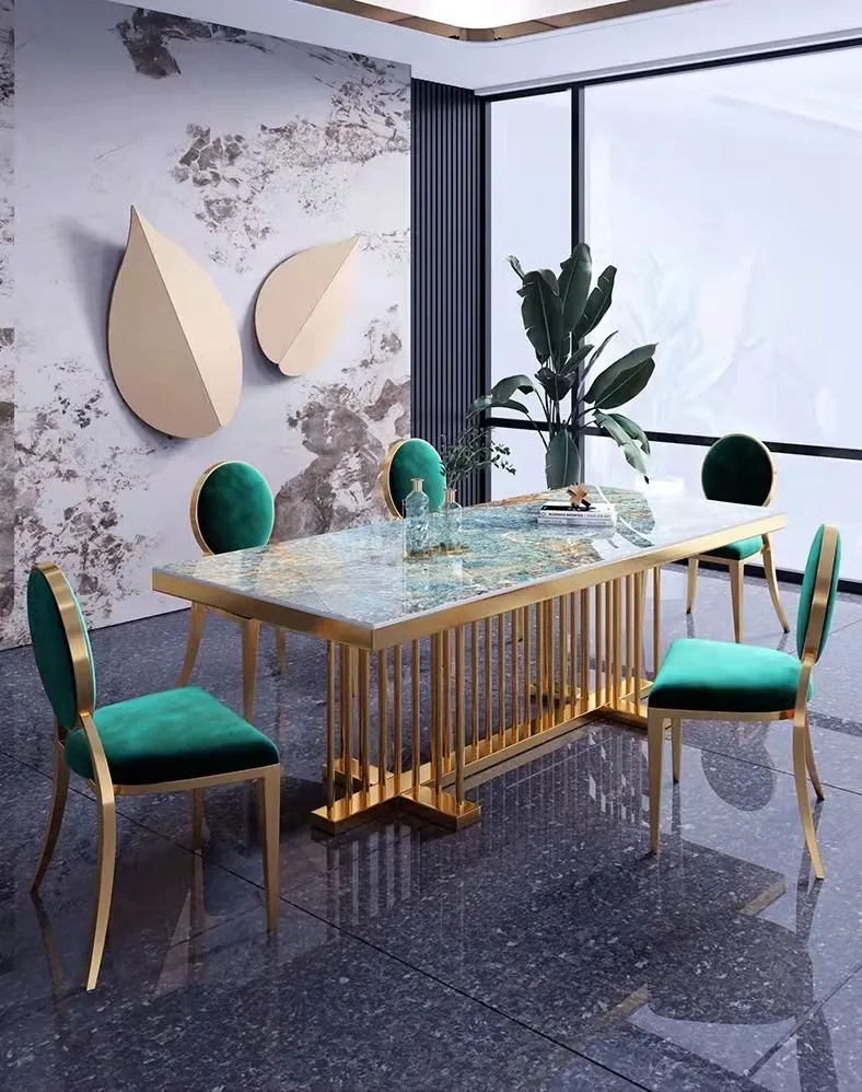 2022 qingtianhao الأخضر لون جديد أزياء desgin الفاخرة الطعام غرفة قرص من الرخام للمنضدة طاولة طعام من الصلب المقاوم للصدأ الأثاث DT023