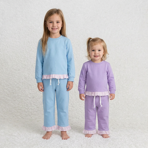 High Quality Children Solid 2Pcs Set Girls Soft Long Sleeve Top Drawstring Ruffle Pants - Product Image 1