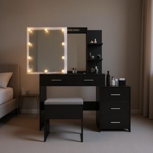 Tocador Negro FCH con 5 Bombillas, 2 Estantes, Bombilla de Luz de Tres Intensidades, Espejo con Revestimiento de Triamina, Gabinete y Tocador de Maquillaje - Product Image 2