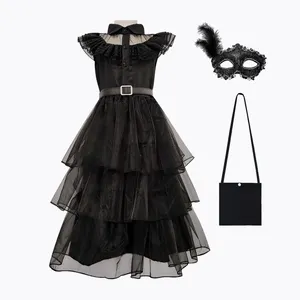 Factory Made Cosplay Girls Wednesday Addams Black Dress Halloween Adams Party Dresses with Wig Accessories