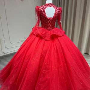 ชุดราตรีงานพรอมแบบกระโปรงบานสีแดงเข้ม แขนยาว แต่งลูกไม้ ประดับคริสตัล ลูกปัด และเลื่อม รุ่น Yl0037 - Product Image 5
