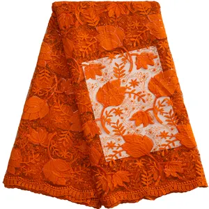 Tissu africain en dentelle Orange avec paillettes, nouveau Design, Tulle français, pour la couture de robes de fête de mariage, vente en gros, 3243