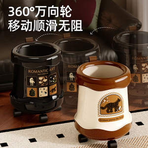 Romantic Art Trash Can With Wheels Large Capacity Indoor Use Cylindrical Design Living Room Bedroom Kitchen - Product Image 2