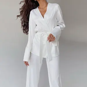 2023 new design Womens Silk Satin Pajamas luxury Loungewear Two piece Sleepwear kimono sets