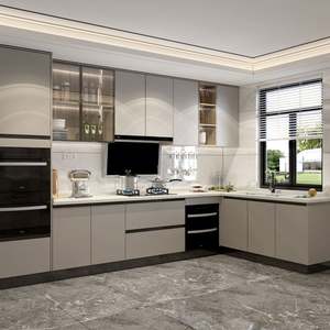 Ensemble complet d'armoires de cuisine modernes sur mesure, solutions de rangement intelligentes, charnières en verre et marbre pour appartement - Product Image 2