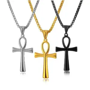 Fashion Jewelry Smooth Stainless Steel Ancient Egyptian Cross Men's Necklace Talisman Pendant