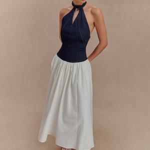 ชุดเดรสยาวแบบเปิดหลัง ดีไซน์เก๋ไก๋ สีสันตัดต่อ คอวีลึก สายคล้องคอ สไตล์ลำลอง คุณภาพสูงจากโรงงานผู้ผลิต (OEM) เหมาะสำหรับฤดูร้อน - Product Image 1