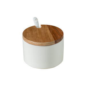 Ceramic Spice <b>Jars</b> <b>With</b> Wooden <b>Lids</b> And Spoons For Kitchen Seasoning Storage 3Pc Set - Product Image 4
