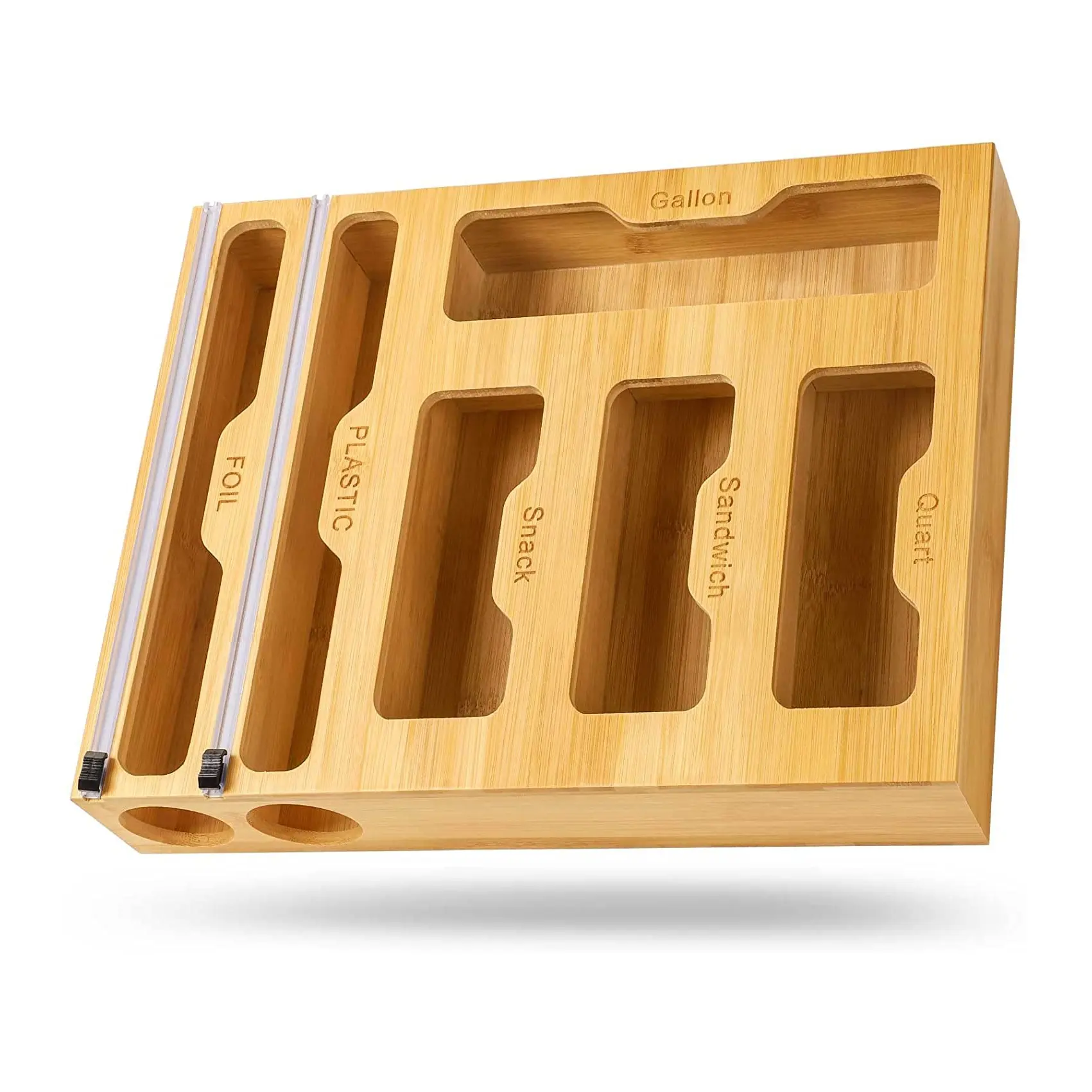 Amazon Top Seller Customized Bamboo Ziplock Bag Storage Organizer and Dispenser for Kitchen Drawer with Variety Size