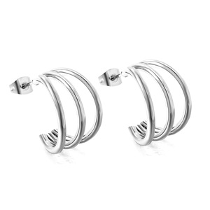 Boucles d'oreilles en acier inoxydable à double couche en forme de C, bijoux géométriques dorés et argentés à la mode pour femmes - Product Image 5